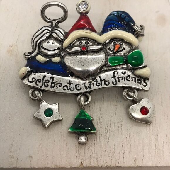 Christmas Brooch Celebrating Friendship Silver Red - Picture 1 of 11